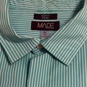 100% COTTON TEAL & WHITE STRIPES MADE SHIRT SIZE XL LONG SLEEVES NON IRON MODERN